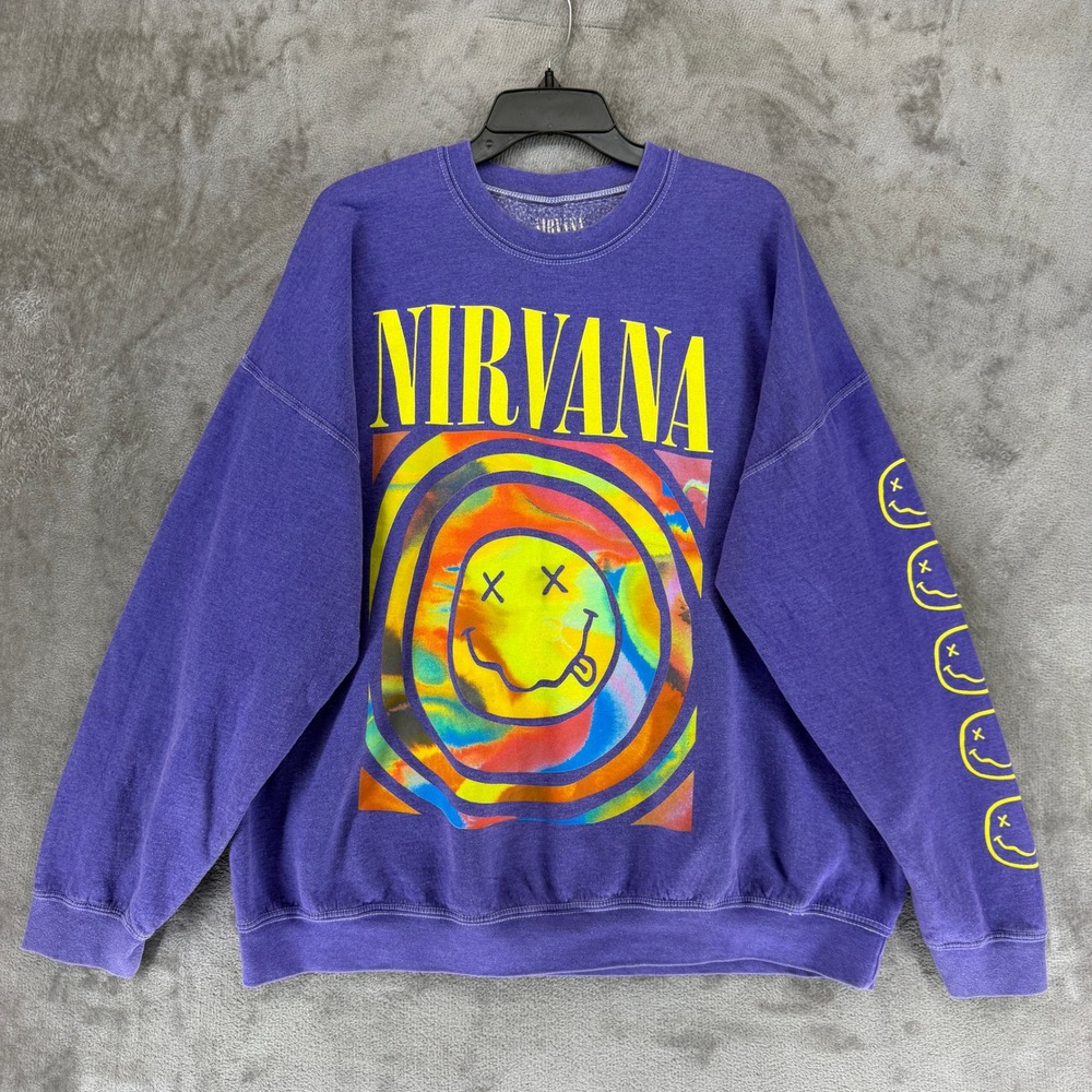 Nirvana Smiley Face Graphic Purple Sweatshirt Men Size L/XL Grunge Rock Crewneck